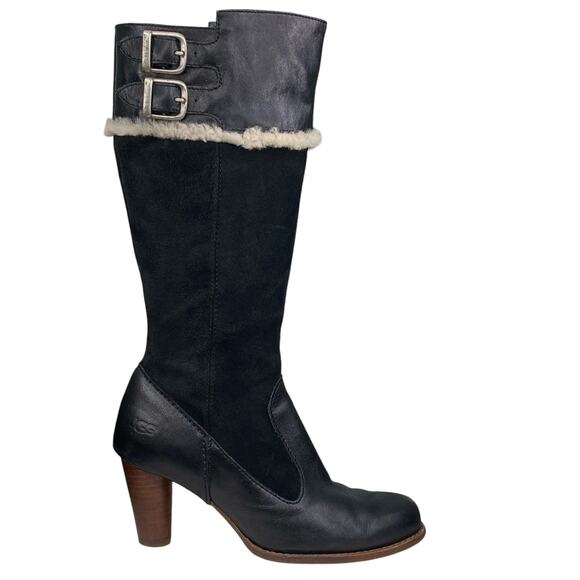 UGG Women’s Raya Black Suede Sheepskin Trimmed Riding Boot Size US 7.5 - Picture 1 of 14